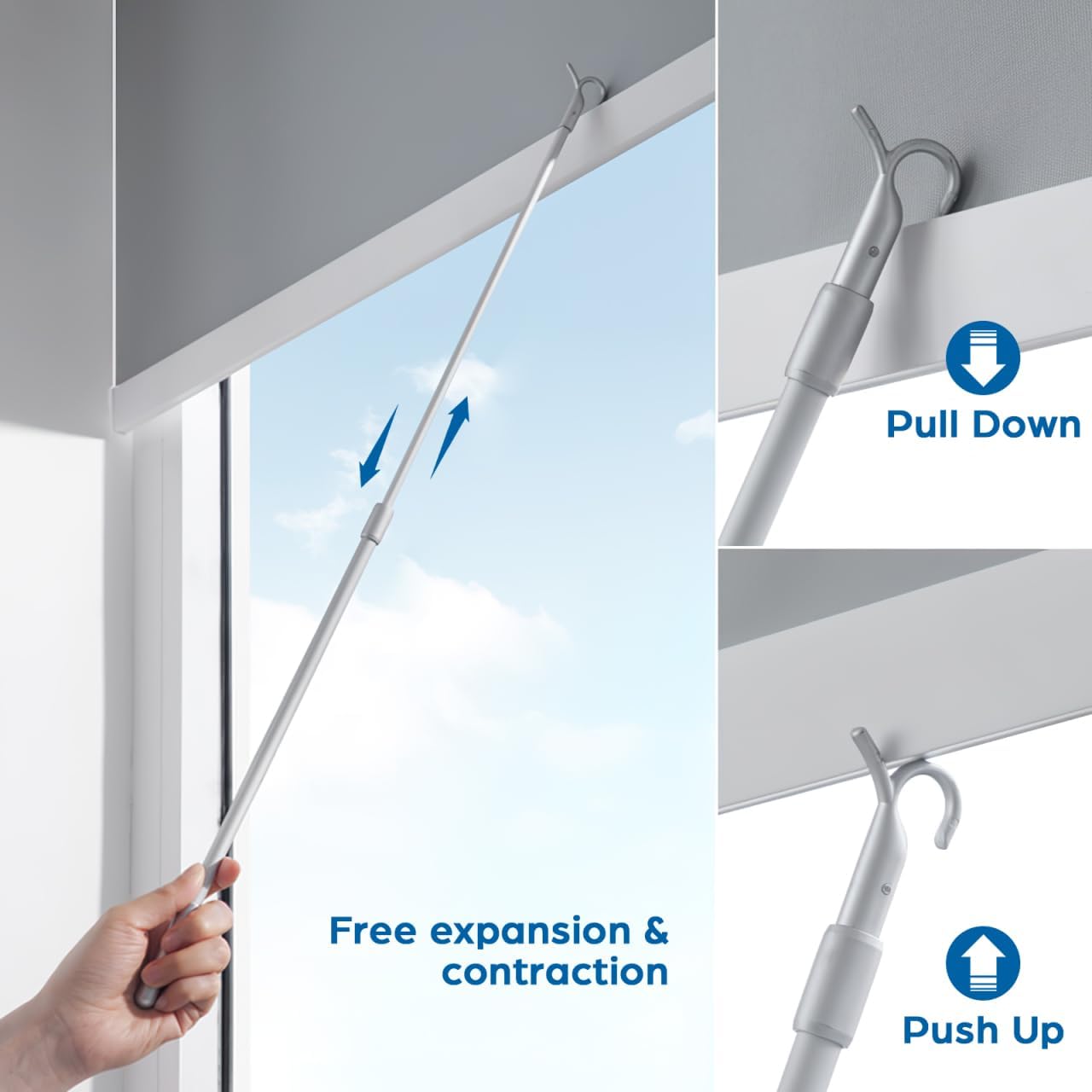Plastic Blind Wands Hanger Retriever Pole with Hook- Adjustable 24inch High Reach Closet Pole - Aluminium Alloy Extendable Garment Hook Reaching Stick Pole to Easily Reach Clothes