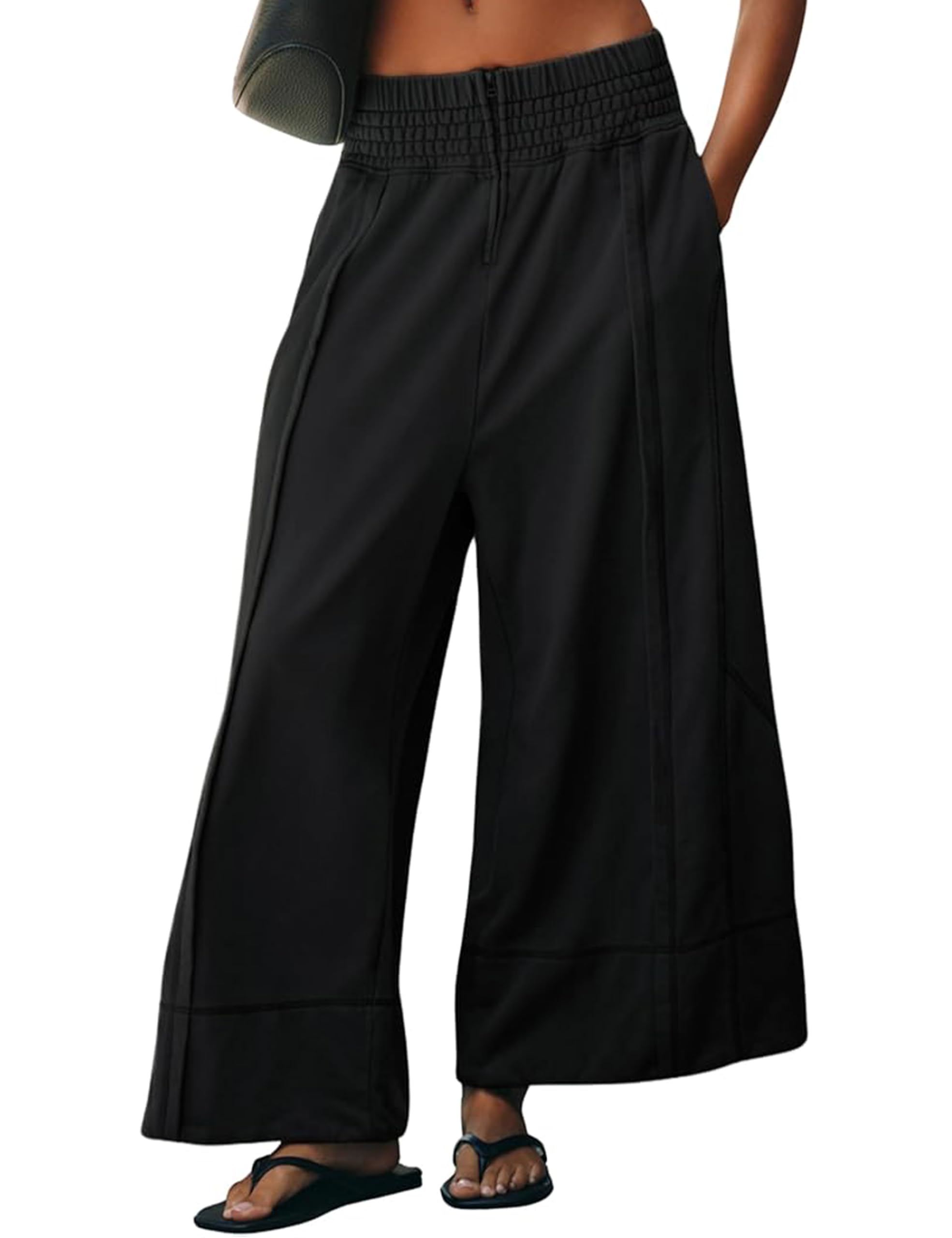 Womens Wide Leg Pants Casual Elastic High Waist Baggy Sweatpants Loose Cotton Lounge Palazzo Trousers