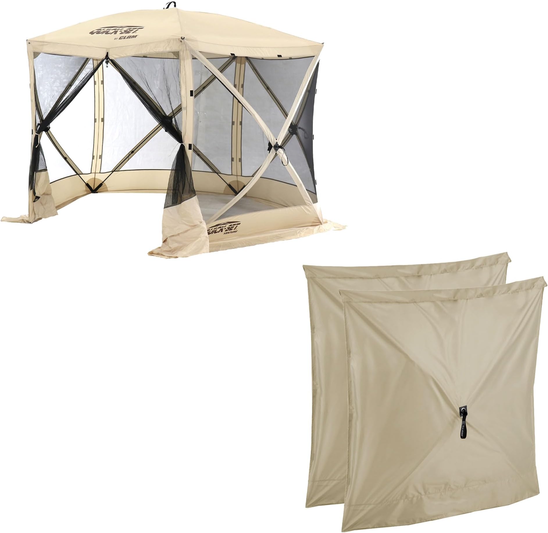 CLAM Quick Set Venture 9 x 9 Ft Portable Outdoor Camping Canopy Shelter, Tan + Clam Quick-Set Screen Hub Tent, Accessory Only, Tan (2 Pack)