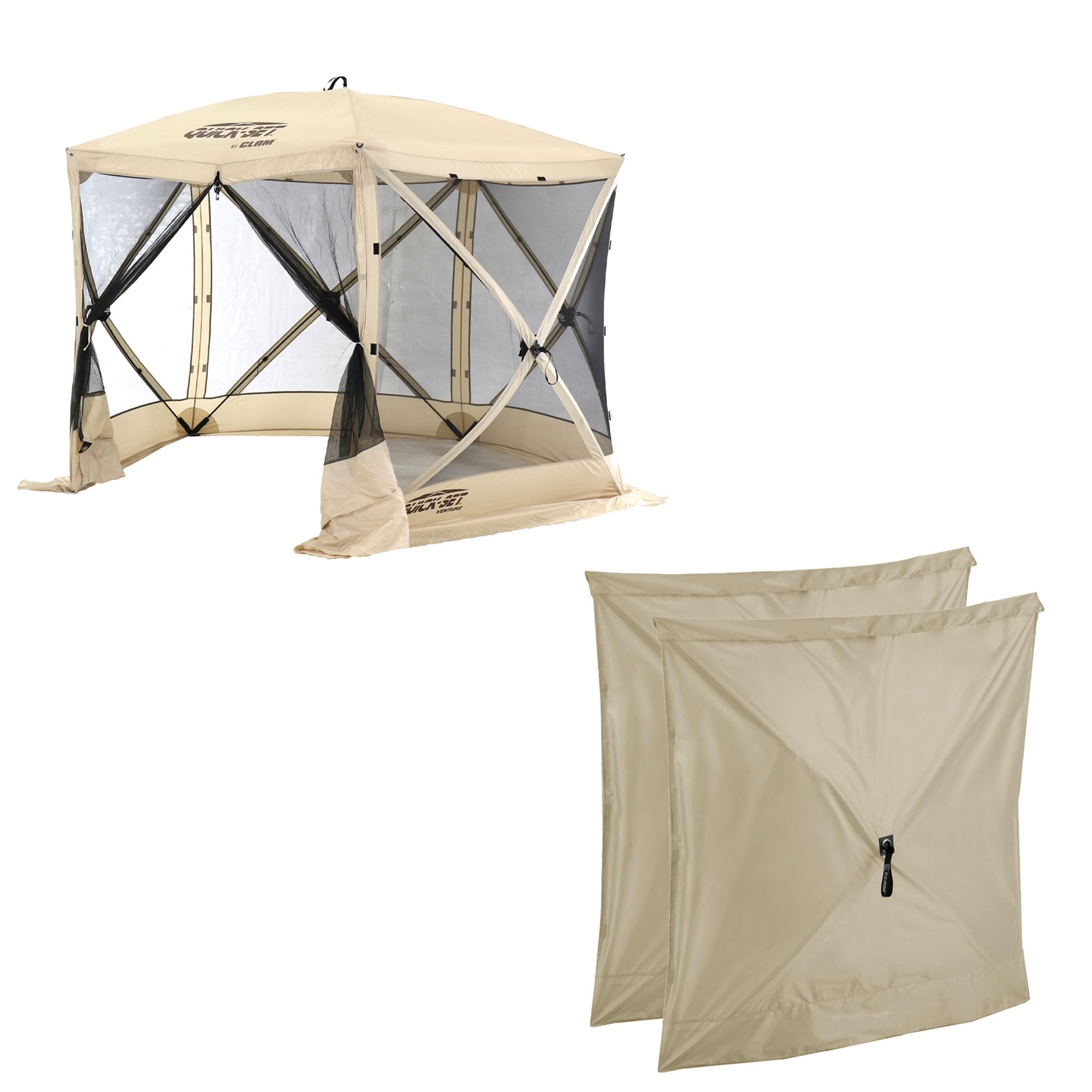 CLAM Quick Set Venture 9 x 9 Ft Portable Outdoor Camping Canopy Shelter, Tan + Clam Quick-Set Screen Hub Tent, Accessory Only, Tan (2 Pack)