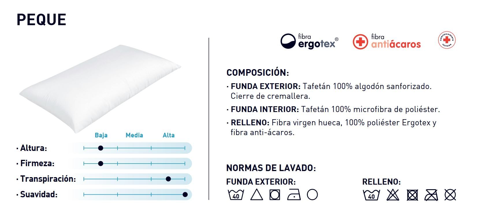 Moshy Almohada Infantil Peque, Altura Baja, Fibra Ergotex, Doble Funda 100% Algodón, Tacto Duvet, Muy Ligera (150 cm)