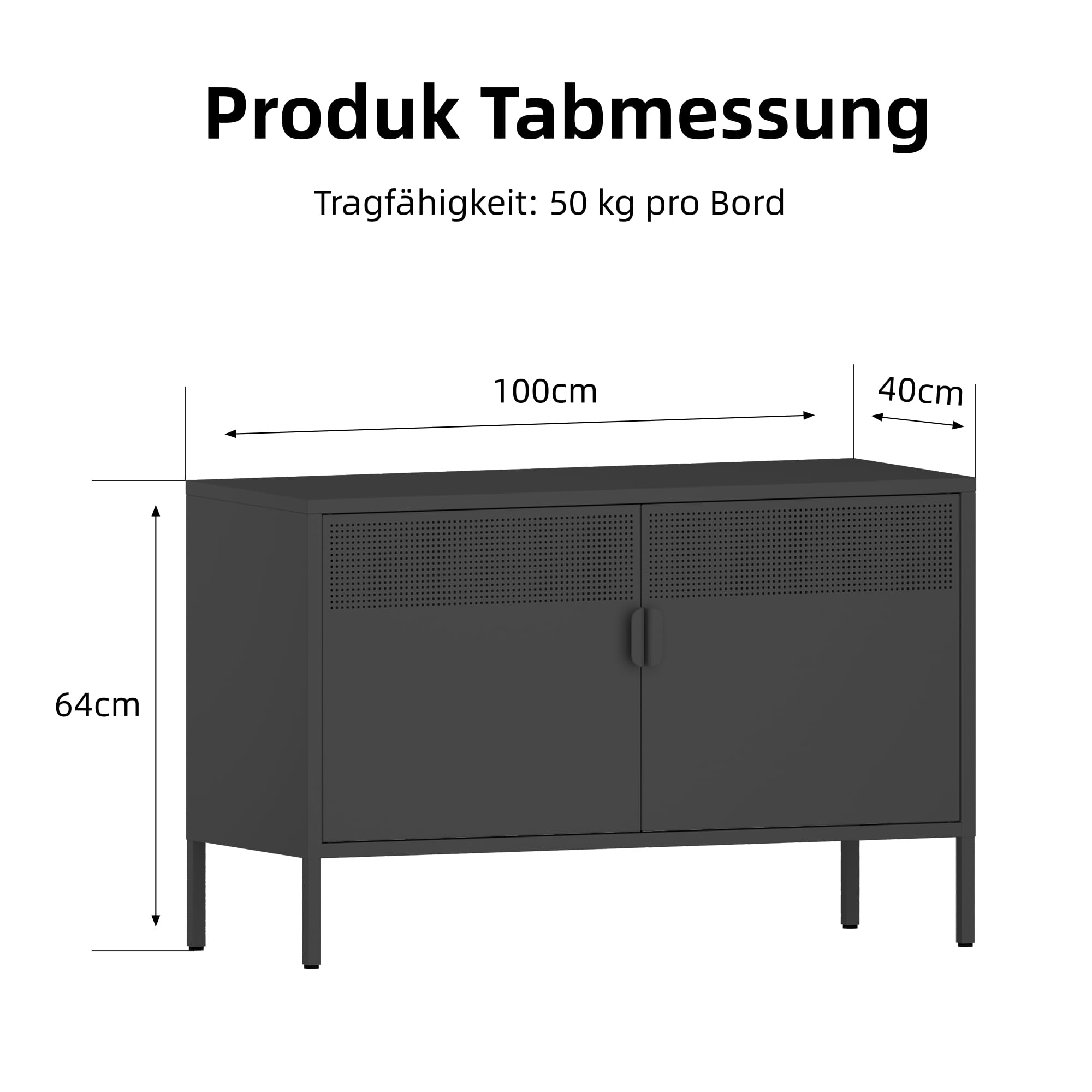 Metall Kommode 100 cm Breit, Aufbewahrungsschrank Sideboard mit 2 Mesh Türen, Metallschrank in Schwarz, Mehrzweckschrank mit flexiblen Einlegeböden, Aktenschrank & Büroschrank für zu Hause und Büro