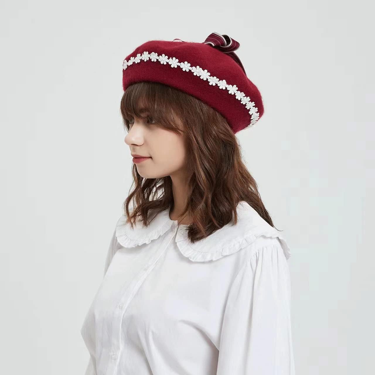 BLESSI Women's Girl's Lolita Cat's Butt Ladies Painter Hat Berets with Bowknot (Dark Red)