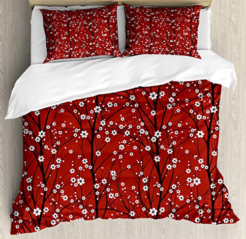 Lunarable Floral Duvet Cover Set, Cherry Blossom Tree Branches Beauty Japanese Traditional Folk Eastern Petals, Decorative 3 Piece Bedding Set with 2 Pillow Shams, King Size, White Scarlet