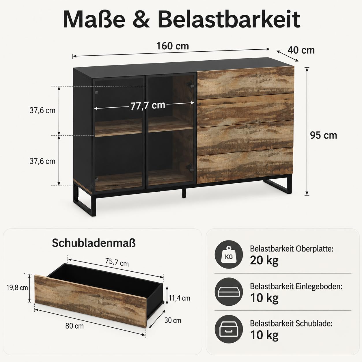 Sideboard Holzoptik-Schwarz 160cm mit LED & Glastür – Kommode mit 4 Schubladen, Push-to-Open & USB-Lichtleiste – Vitrinenschrank mit Metallrahmen für Wohnzimmer, 160×95×41cm