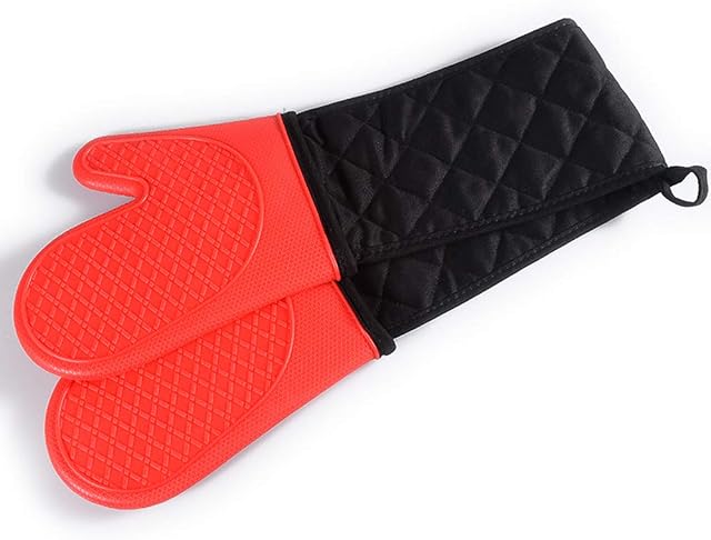 ATWG Double Oven Glove, Non-slip Kitchen Oven Mitts with Cotton Lining, Extra Long Silicone Oven Gloves for Grilling, Cooking, Baking, Microwave, Heat Resistant to 500 Degrees (Red)