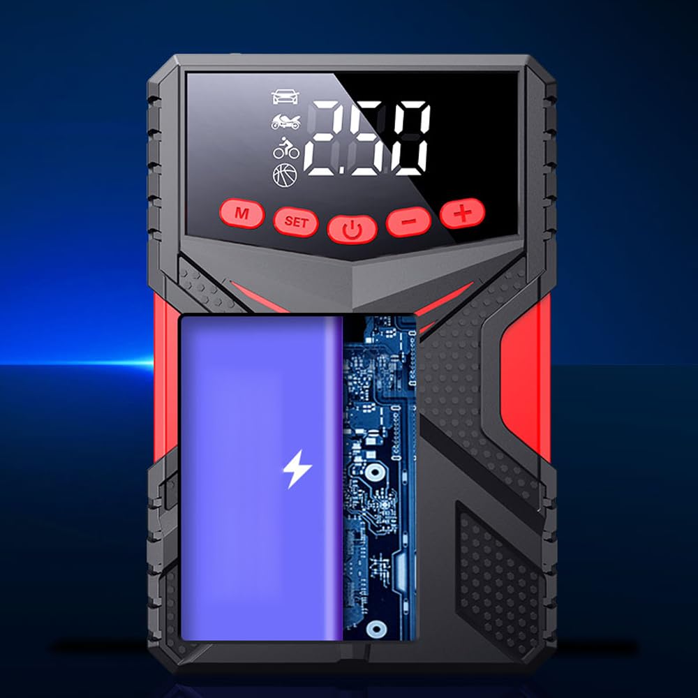 Booster de batería multifunción con compresor de aire, batería de pico de 2000 A (hasta 6,5 l motores de gasolina o diesel de 4,0 l) con función de inflador de neumáticos digital LED 150 PSI
