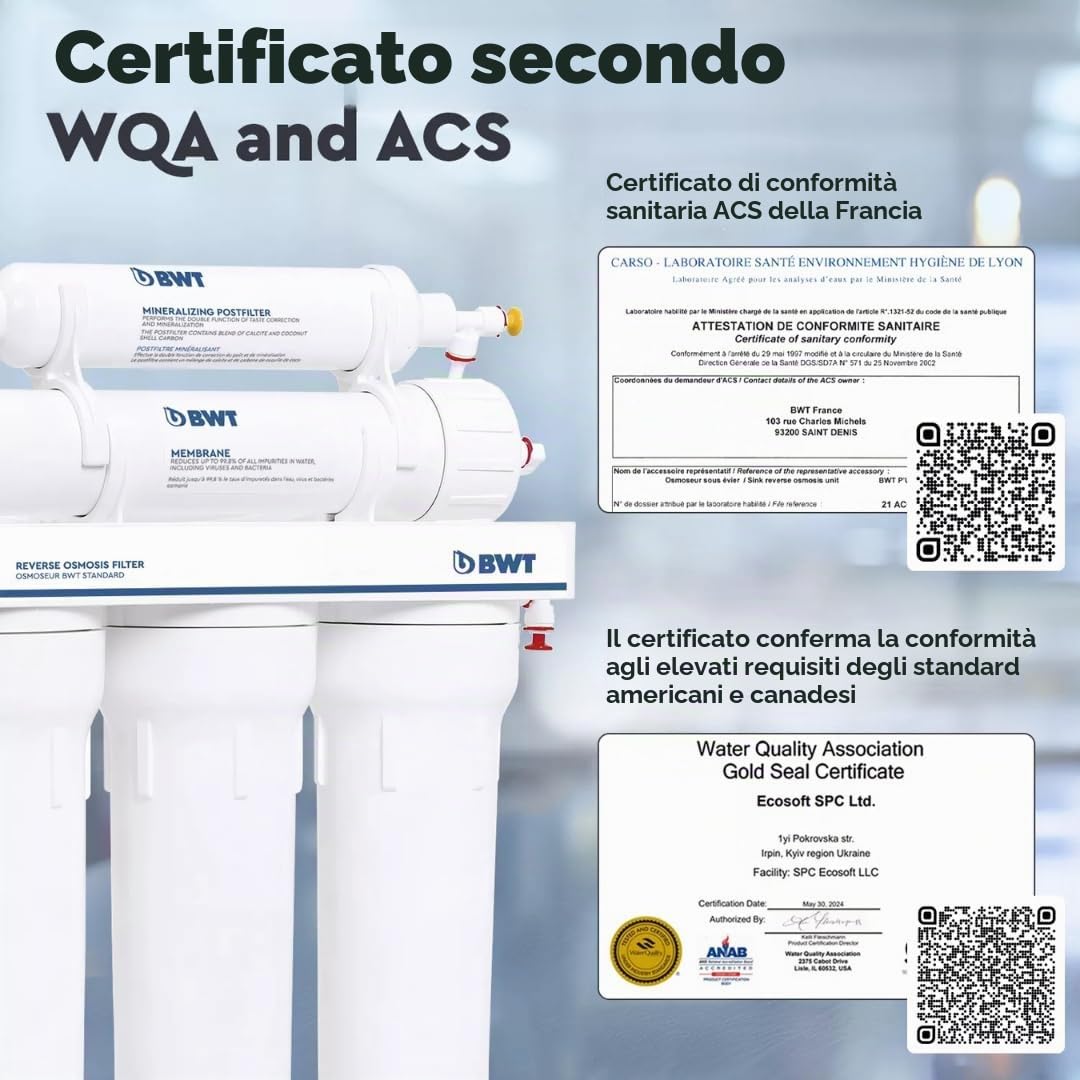 Sistema ad osmosi inversa domestico BWT MO575MBWT – Senza pompa per una pressione in ingresso di 3-6 bar – 5 stadi con REMINERALIZZATORE – 75 GPD, portata di 11,8 L/h, serbatoio da 12 L