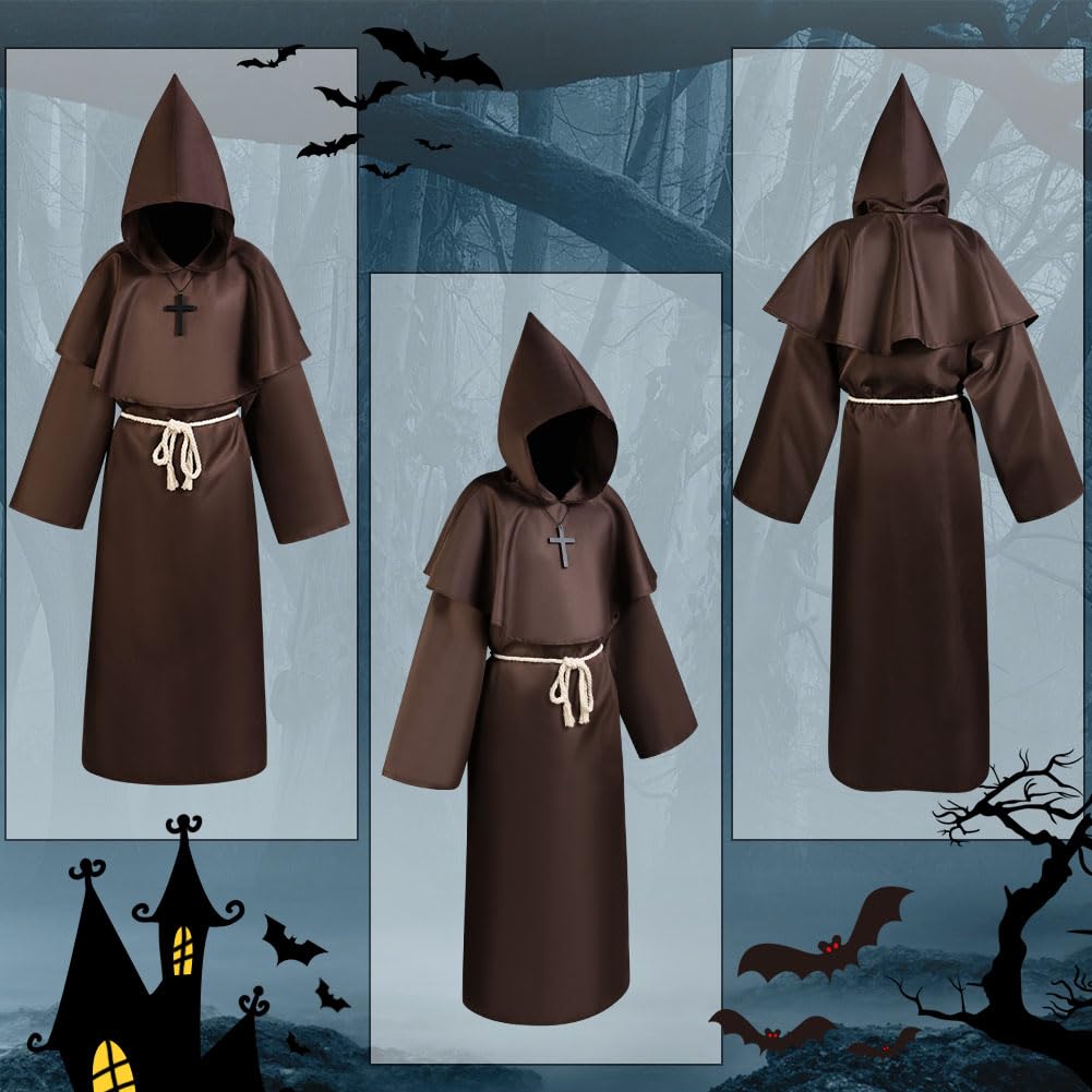 Aomig Kostium Męski Prister, Czapka Mnicha, Peleryna Średniowieczna, Kostium Męski Halloween, Karnawał