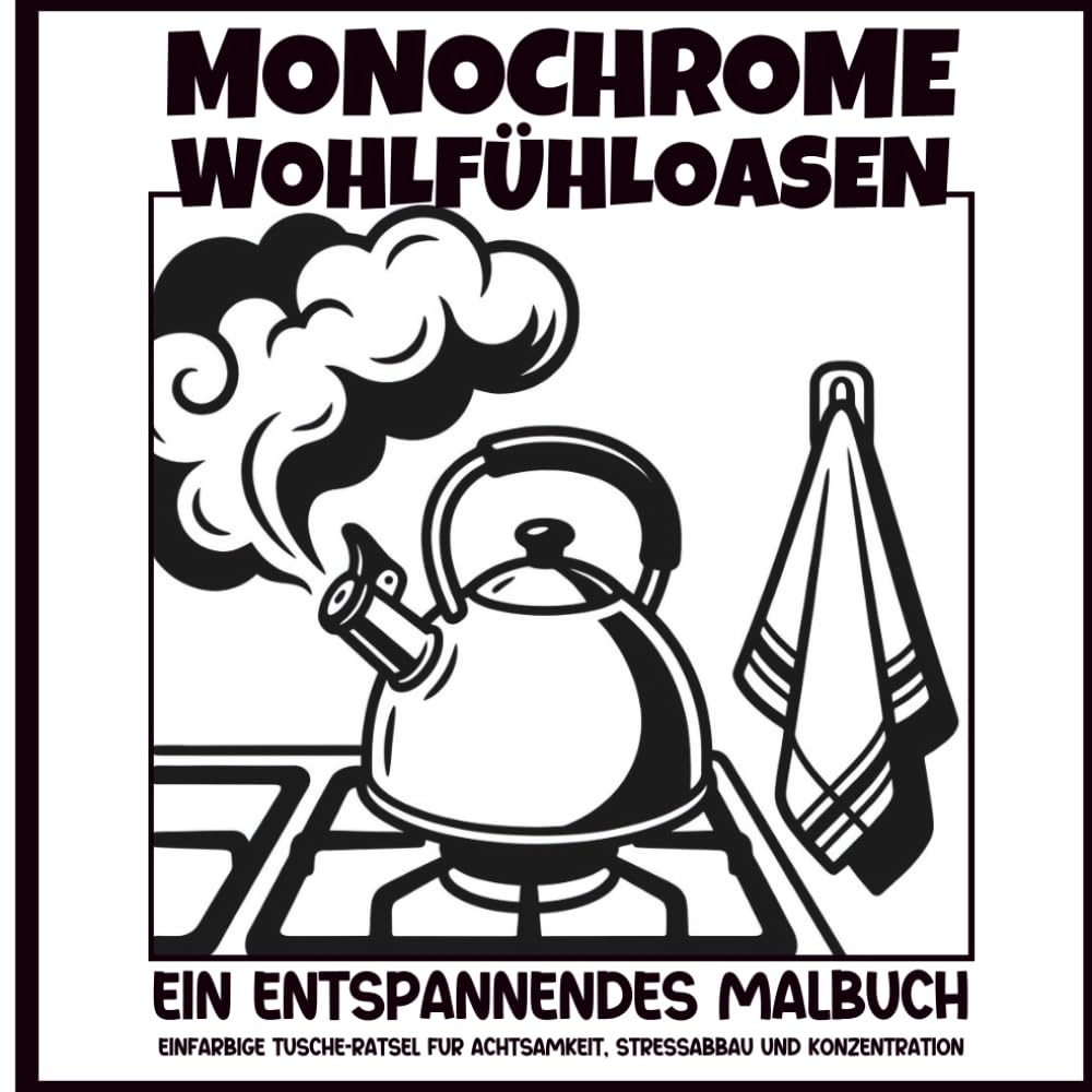 MONOCHROME WOHLFÜHLOASEN : Ein entspannendes Malbuch mit einzigartigen einfarbigen Tusche-Rätseln für Achtsamkeit, Stressabbau und Konzentration