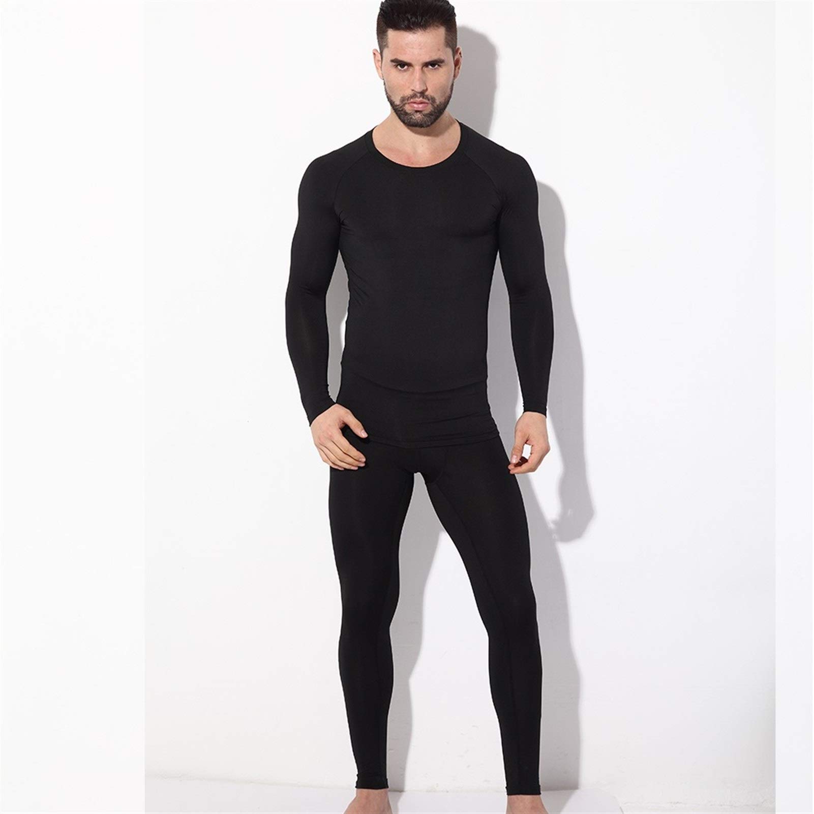 Gli Uomini di Inverno della Biancheria Intima Termica Set Foderato in Pile Caldo Stirata Stretti Livelli di Compressione Base Top Bottoms Copre I Vestiti Cloth (Color : Black, Size : L.)