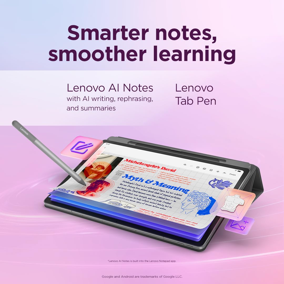 Lenovo Idea Tab Plus Android Tablet | 12.1 inch 2.5K (2560x1600) Display | MediaTek Dimensity 6400 | 8 GB RAM | 256 GB UFS 2.2 | Wi-Fi 5 | Luna Grey |Tab Pen + Folio Case - 2
