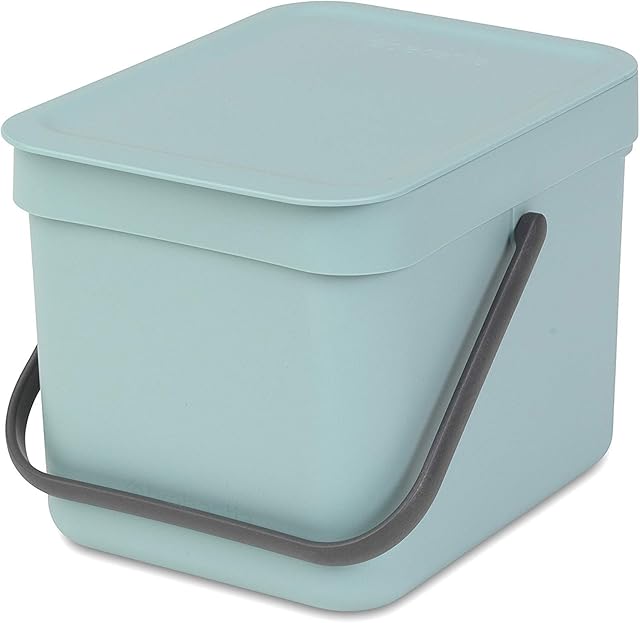 Brabantia Sort & Go Food Waste Bin (6L / Mint) Small Countertop Kitchen Compost Caddy with Handle & Removable Lid, Easy Clean, Fixtures included for Wall/Cupboard Mounting