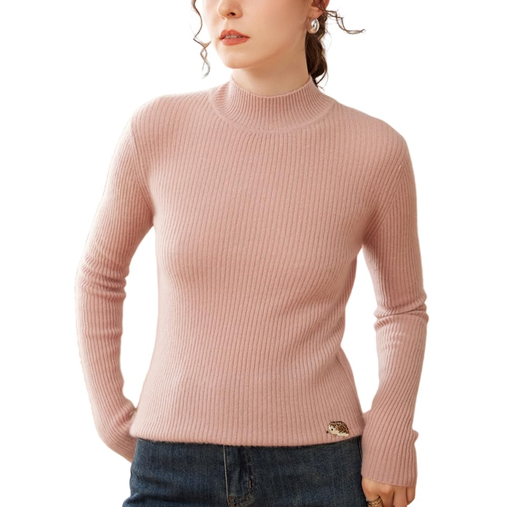 E-girl SPR2432 - Maglione da donna 95% cashmere con colletto alto, a maniche lunghe, in lana di cashmere a righe, sottile