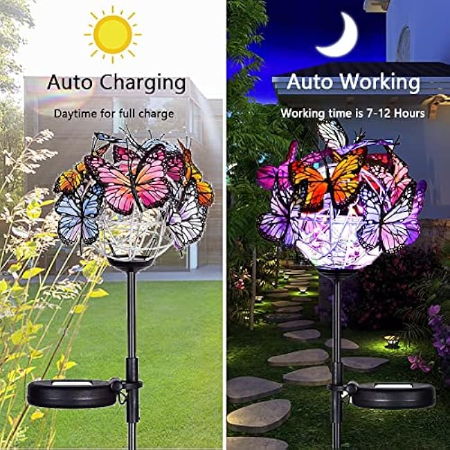 Outdoor Solar Lights 2 Pack, Solar Garden Lights with 18 Butterflies Decoration Outdoor Lamps, Waterproof Butterfly Flower Lights for Patio Yard Lawn Garden Decor, Gifts for Mom Women