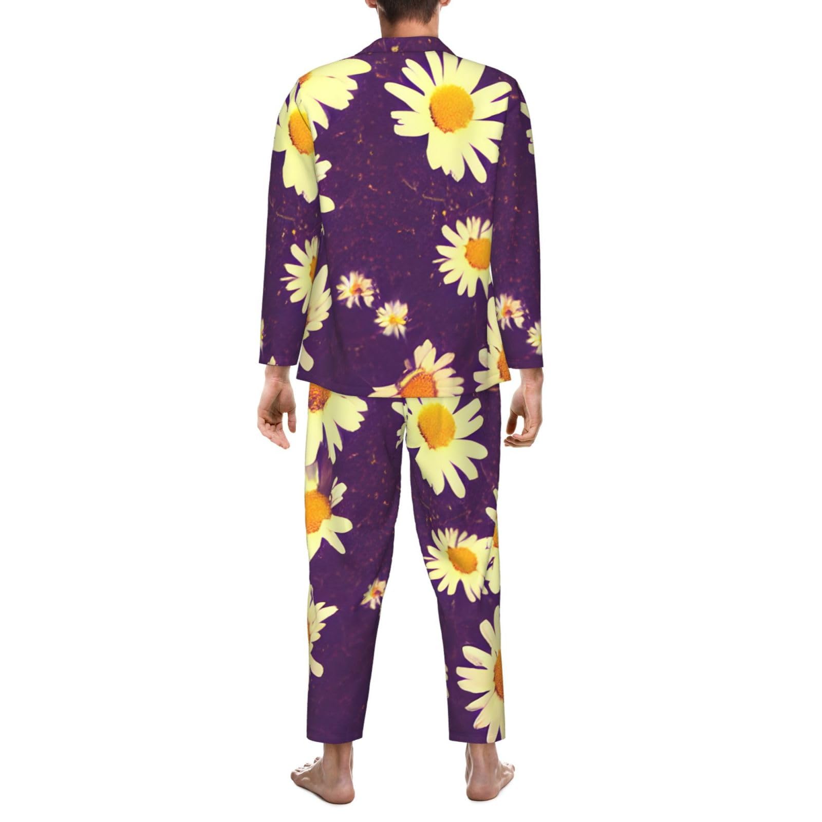 Herren-Pyjama-Set, langärmelig, Gänseblümchen, Violett, Blumendruck, zweiteilig, Hauskleidung, bequeme Nachtwäsche