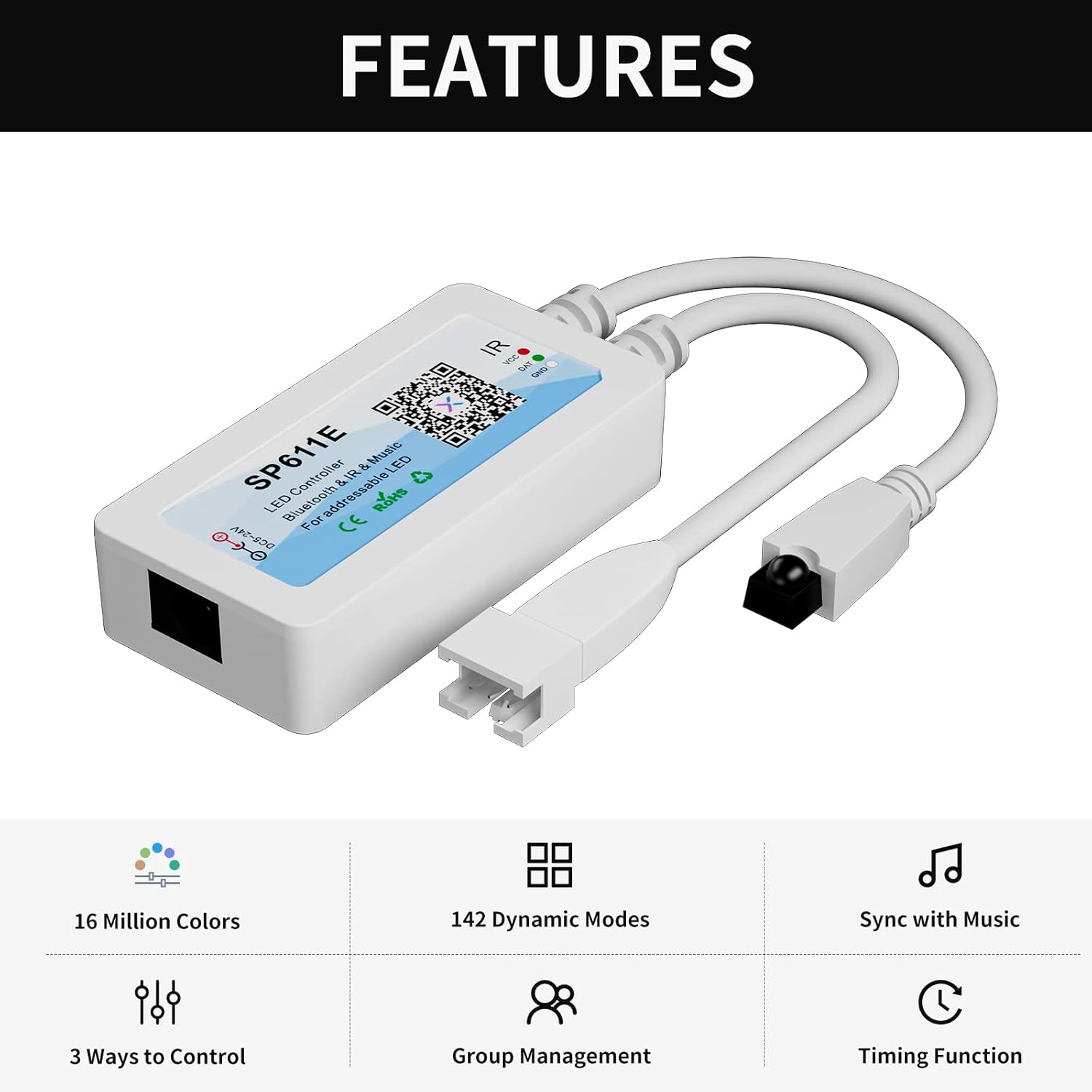 PAUTIX Bluetooth Music Pixel LED Smart Controller SP611E,for WS2811 WS2812 SM16703 Addressable Dream Color LED Strip Pixels Light DC5V-24V APP/IR Remote Control(NOT for RGB LED Strip without Smart IC) - Image 4