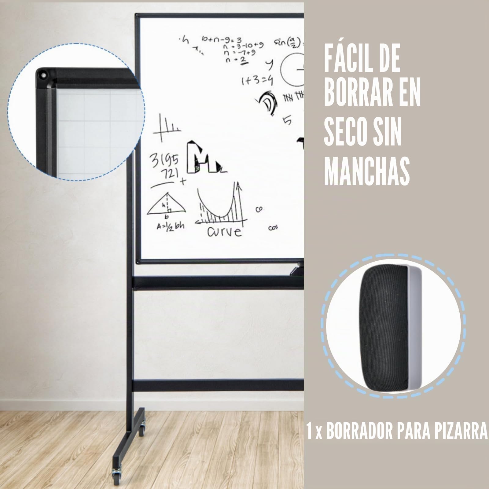 LIFEZEAL Pizarra Blanca Móvil Doble Cara Giratoria 360° (120x90CM, Negro) | Pizarra Magnética de Pie con Soporte, Altura Ajustable para Hogar, Oficina y Escuela