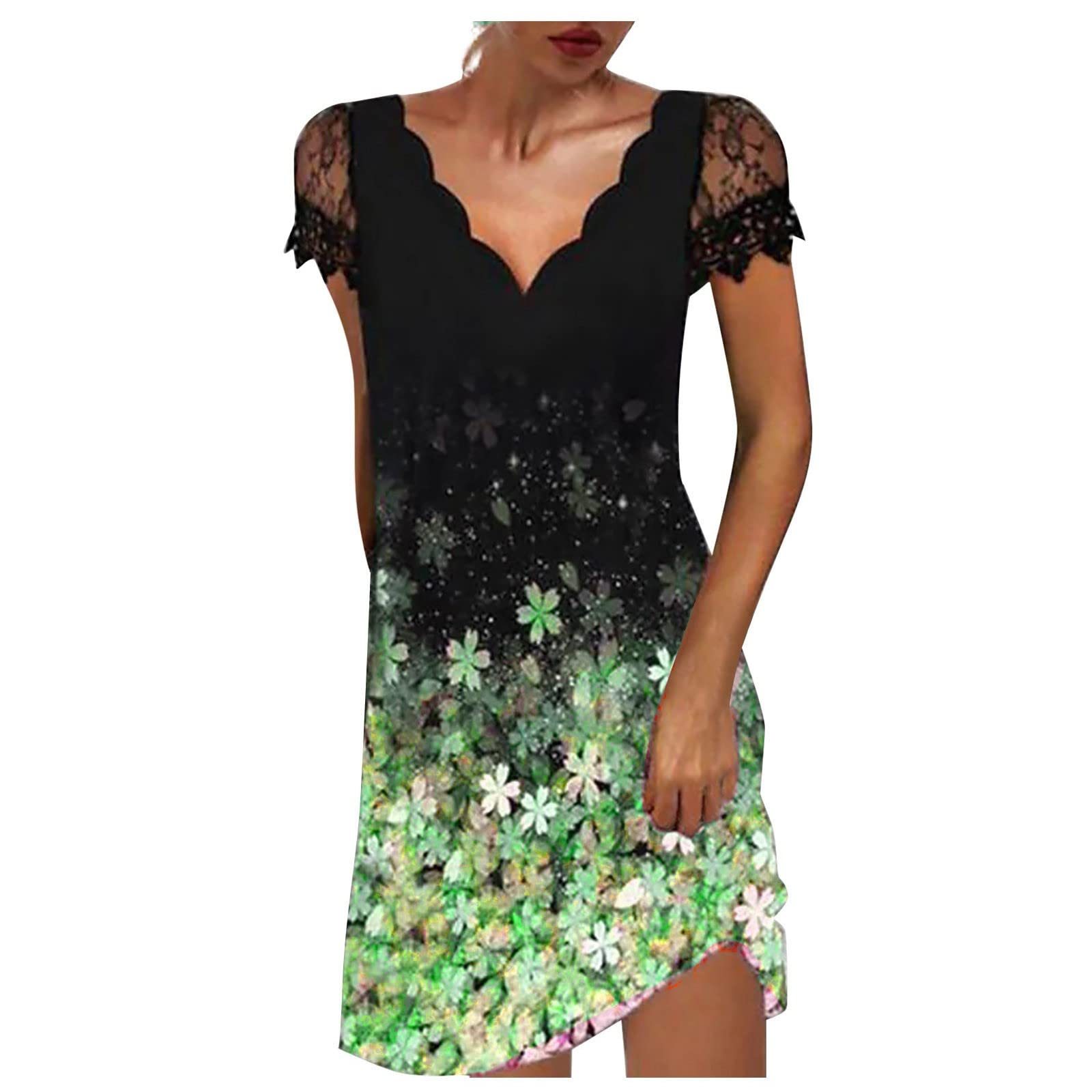 GenericLadies Casual Positioning Print Wave V-Neck Lace Panel Short Sleeve Dress BD1726