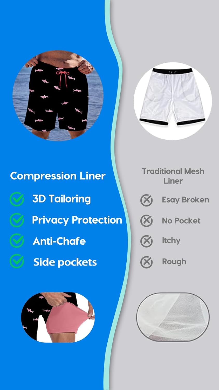 TENGINE Big and Tall Men's Swim Trunk 8" with Compression Liner 8 Inch Inseam Quick Dry Board Shorts & Zipper Pocket （2XL-9XL