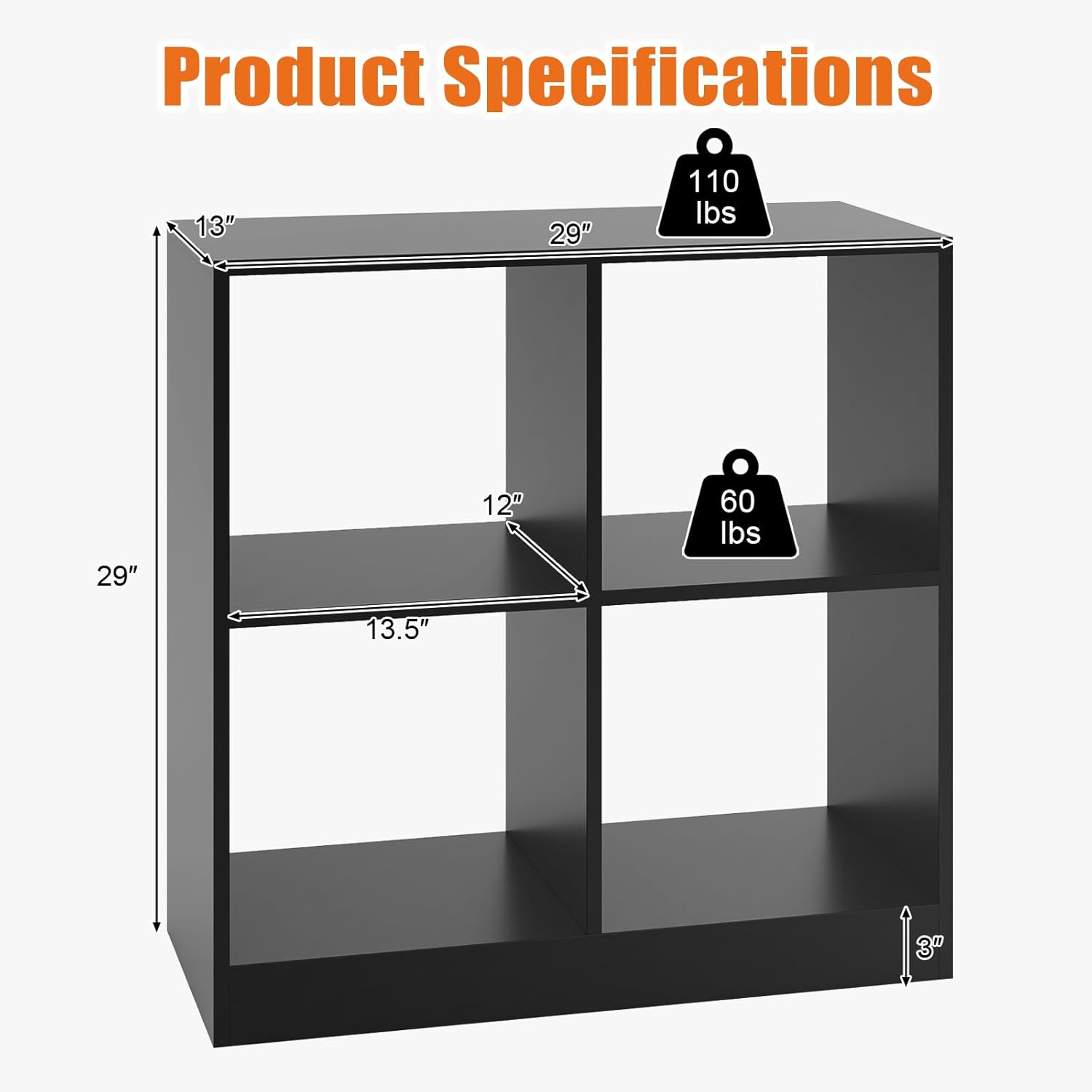 Cube Bookcase, 2-Tier Black Book Shelf with 4 Cubes, Small Bookshelf Under Window, Cubical Storage Shelves for Bedroom, Living Room, Home Office
