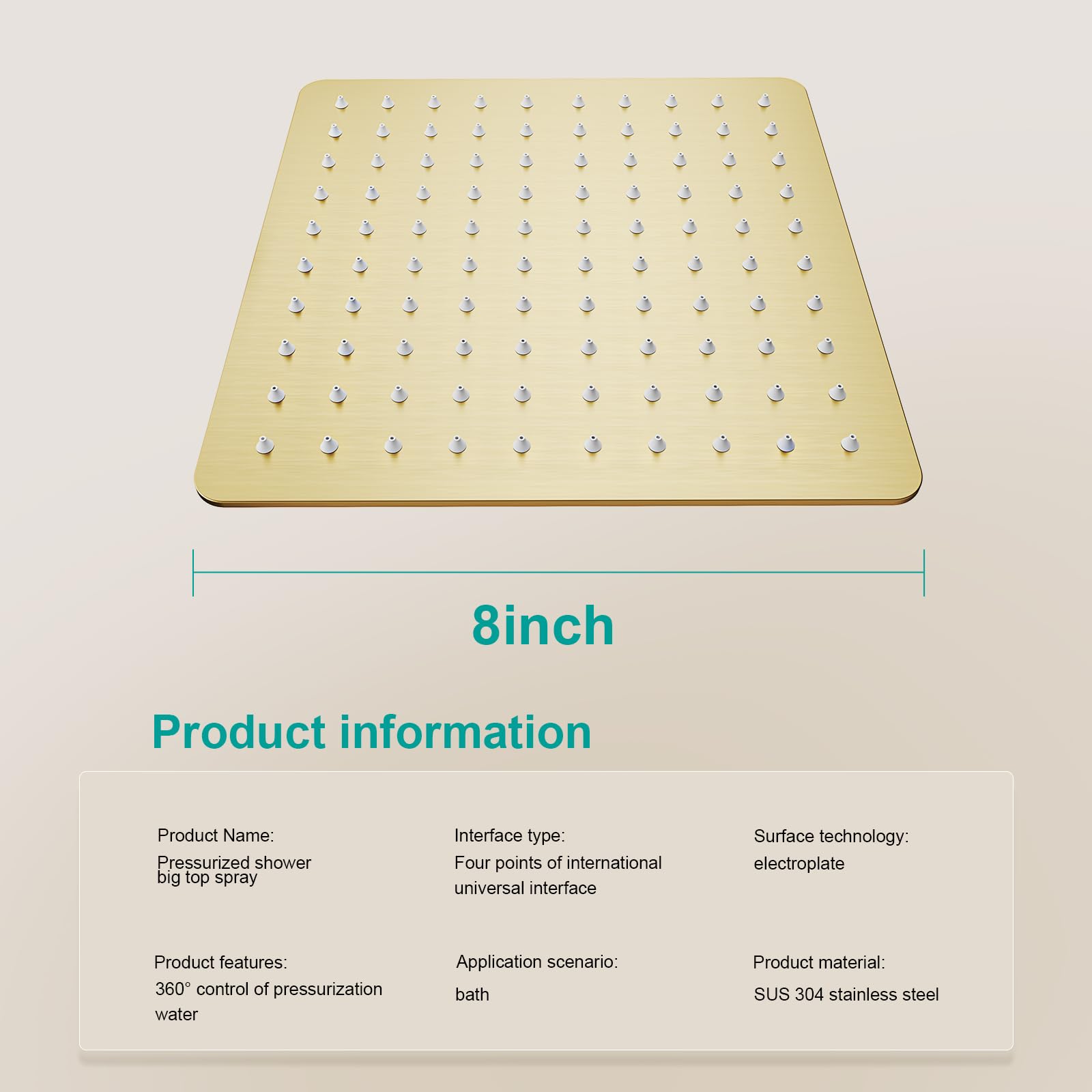 AULEEND Square Rain Shower Head, High Flow Stainless Steel,Work with any decorative style?All Metal Rainfall Shower Head (Brushed Gold, 8)