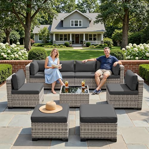 Image of Outdoor PE Wicker Rattan Modular Patio Sectional Sofa Set | 9-Piece: 6 Modular Seats, Coffee Table & 2 Ottomans, Black