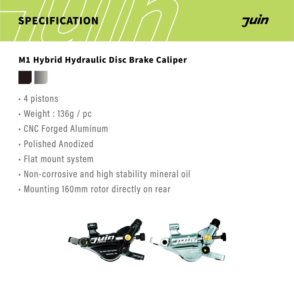 Juin M1 Hybrid Hydraulic Disc Brake Caliper, Mechanical/Hydraulic Disc Brake Kit, Black