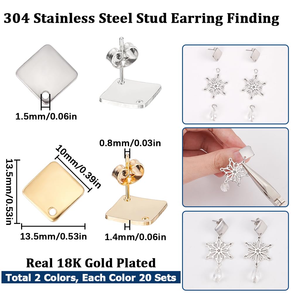 SUNNYCLUE 1 Box 40Pcs Earring Post with Hole 304 Stainless Steel Earring Posts Rhombus Ear Studs Hypoallergenic Geometric Ear Findings for Jewelry Making Accessories DIY Crafts Supplies