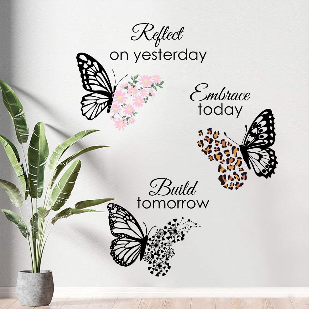 Flaxarne Inspirational Butterfly Wall Stickers with Motivational Quotes Floral & Leopard Print Butterfly Decals Peel and Stick for Bedroom Living Room Office Hallway Positive Word Wall Art Decor