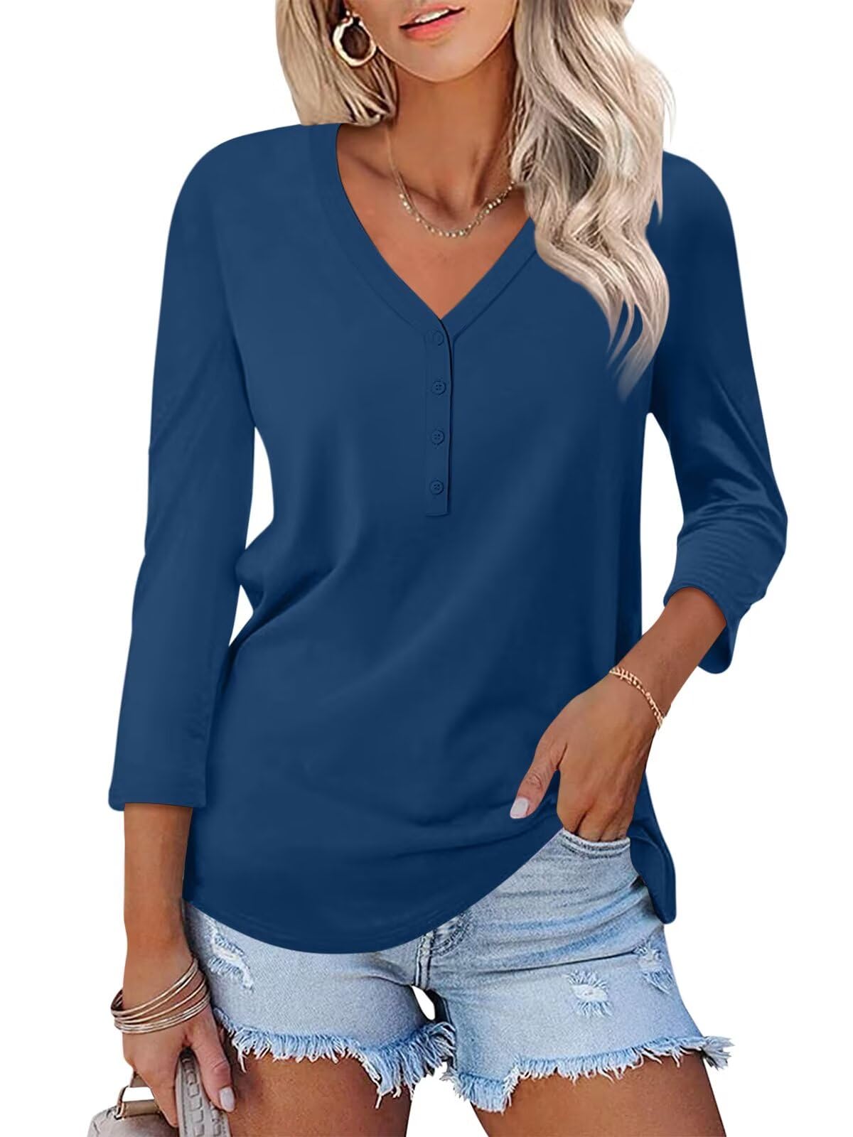 Minetom Women's V Neck 3/4 Sleeve Tops Casual Shirts Basic Summer Tees