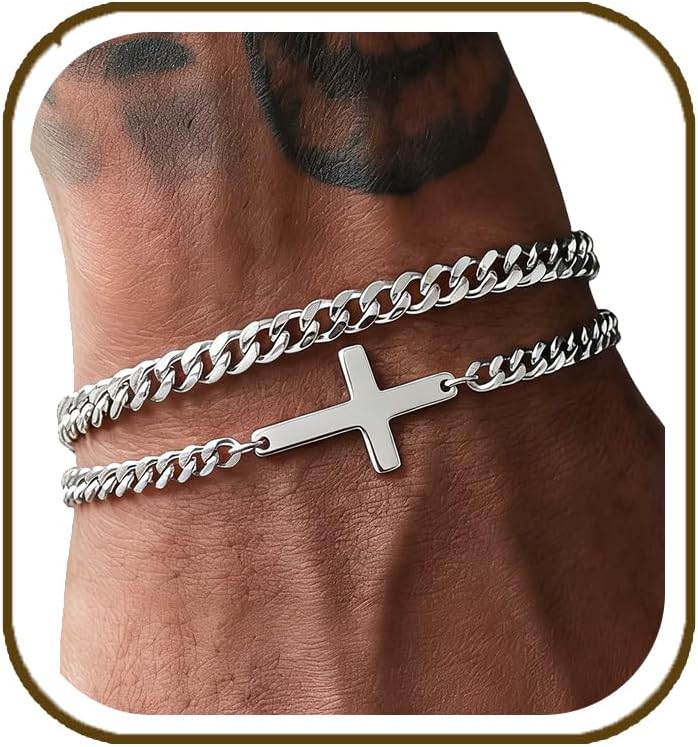 Cross Bracelet for Men Silver/Gold/Black Men's Bracelets Set | Stainless Steel Silver Bracelet for Men Stack, Non Tarnish, Adjustable Cuban Link Rope Bracelet Jewelry Gifts for Men Dad
