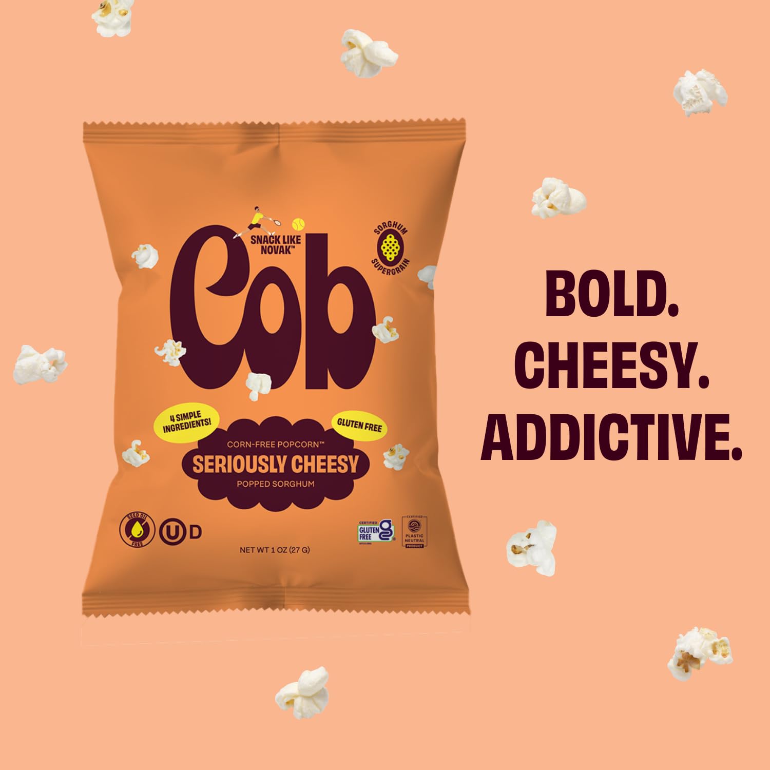Cob Seriously Cheesy Popped Sorghum, 12-Pack (1 oz. bags) | Corn-Free Popcorn Alternative | Seed Oil Free | Non-GMO, Gluten-Free, Vegan & Kosher | Toddler-Friendly | Allergy-Friendly