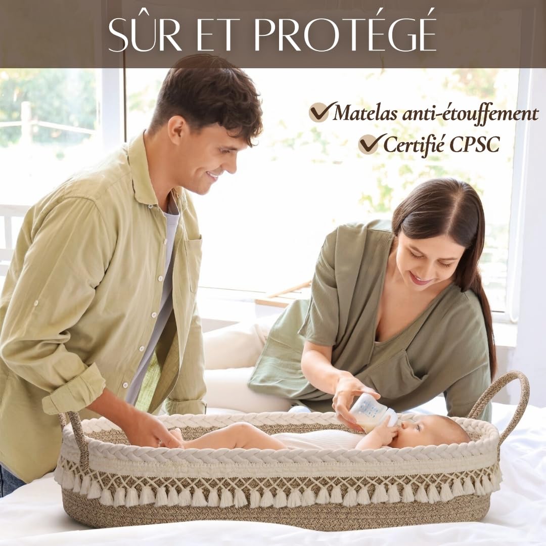 SEBRAM Panier à Langer Bébé – Matelas à Langer Portable et Imperméable, Panier de Change Tissé, Style Bohème Chic pour Table à Langer et Commode (Beige)