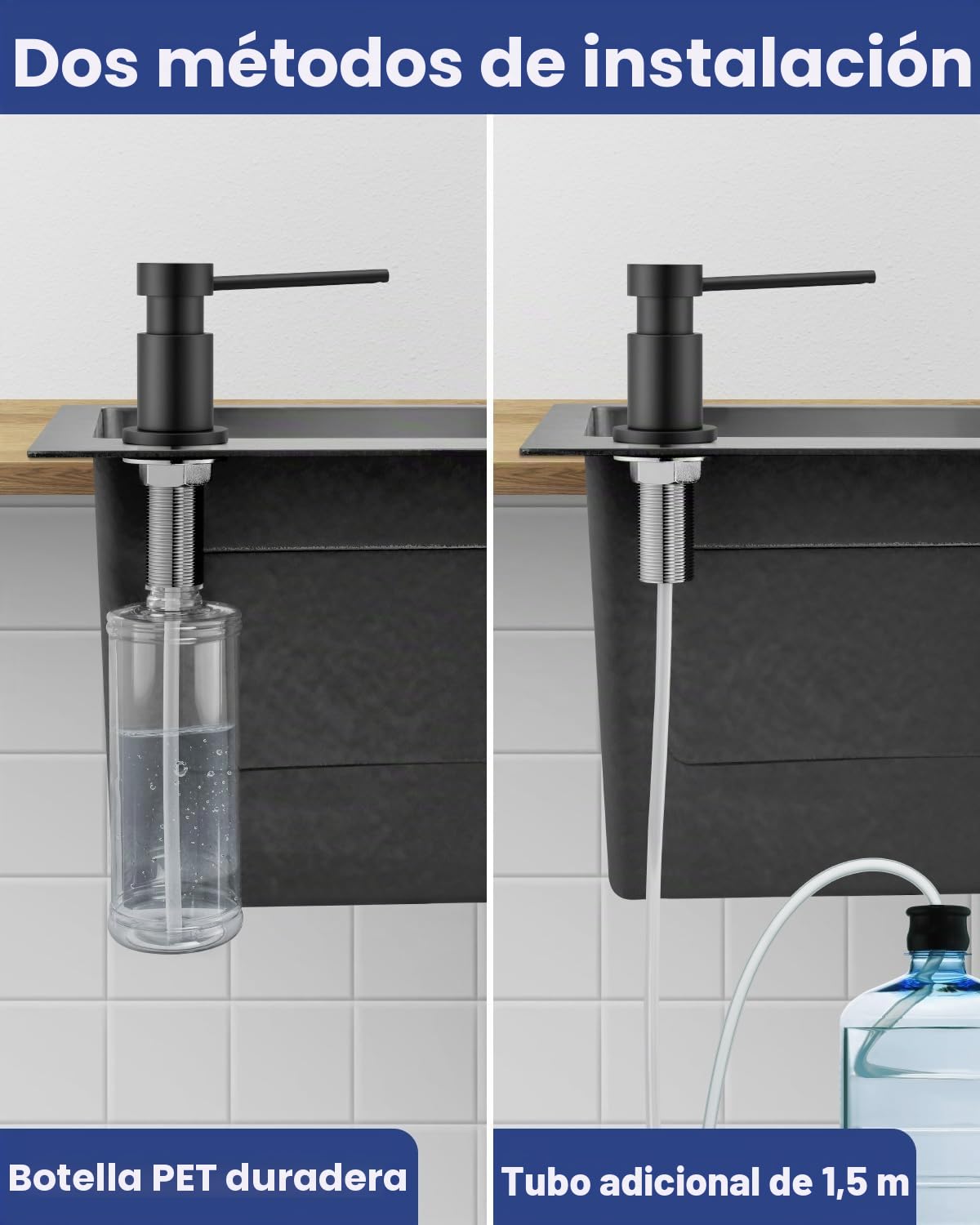 Dispensador Jabon Cocina Bajo Encimera, Dosificador Jabon Cocina Duradero con Tuercas de Acero INOX 304(sin Plástico), Botella de 300 ml y Tubo Silicona de Extensión de 1,25 m, Negro