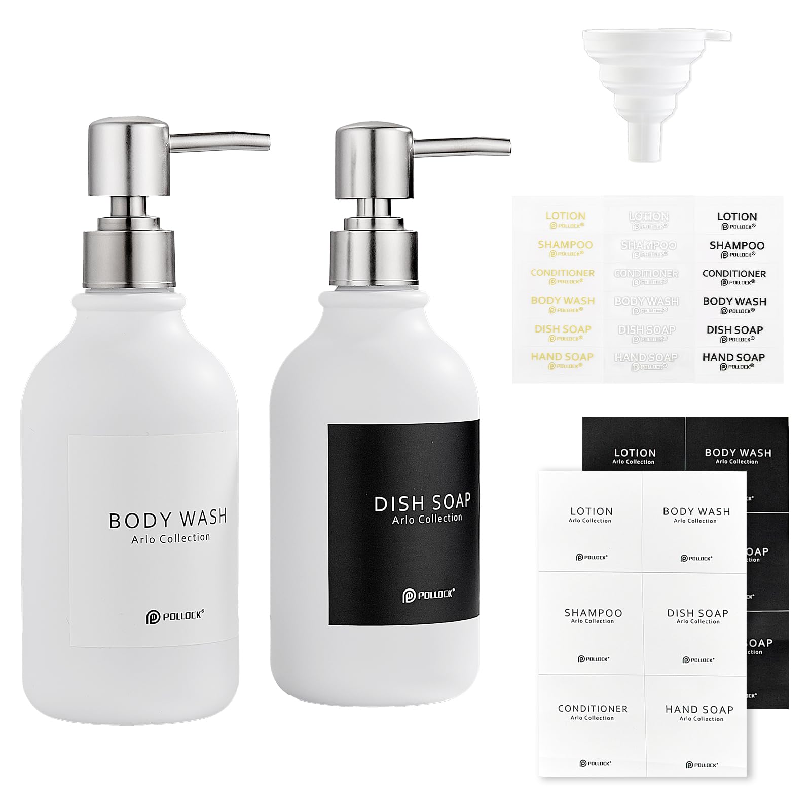 Pollock Hand and Dish Soap Dispenser for Kitchen & Bathroom 2 Pack, Shower Gel Dispenser with Funnel and Waterproof Labels, Washing Up Liquid Dispenser Bottle with Sliver Pump