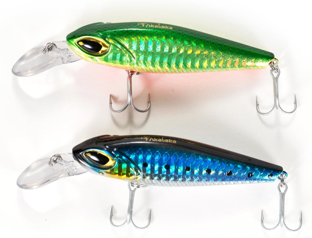 AKATAKA 2PCS Floating Minnow Fishing Lures Hard Topwater Baits Bass Swimbaits Fishing Tackle with VMC Treble Hooks and 3D Eyes Attractant for Saltwater Freshwater Trout Walleye Pike