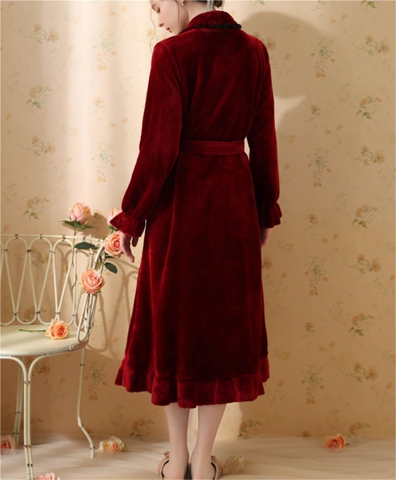 Albornoz Ducha Bata con Volantes For Mujer, Albornoz Largo Suave De Felpa, Lana Cálida, Camisón For Niñas Accappatoio para Viajes(Rot,Large)