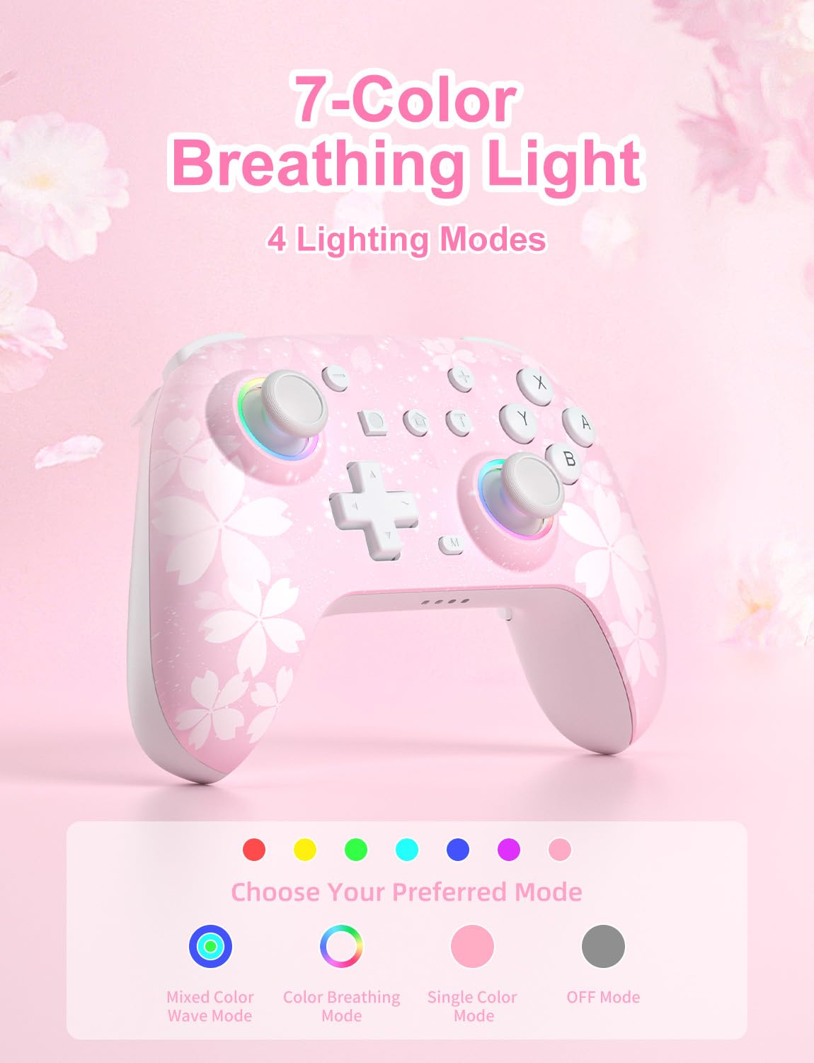PHNIXGAM Pink Wireless Controller for Switch, Sakura Bluetooth Controller Compatible with Switch 1/Switch 2/Switch Lite/Switch OLED, Windows PC/Steam/Steam Deck/iOS 16.0 and Above/ Android 10.0 and Above, with Programmable Buttons, RGB, Motion Control/Vibration/Turbo - Image 2