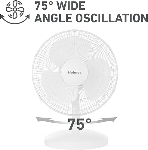 Miniatura 4 de HOLMES Ventilador de mesa de 12 pulgadas, oscilación de 75°, 3 velocidades, inclinación de cabeza ajustable de 15°, ideal para el hogar, dormitorio