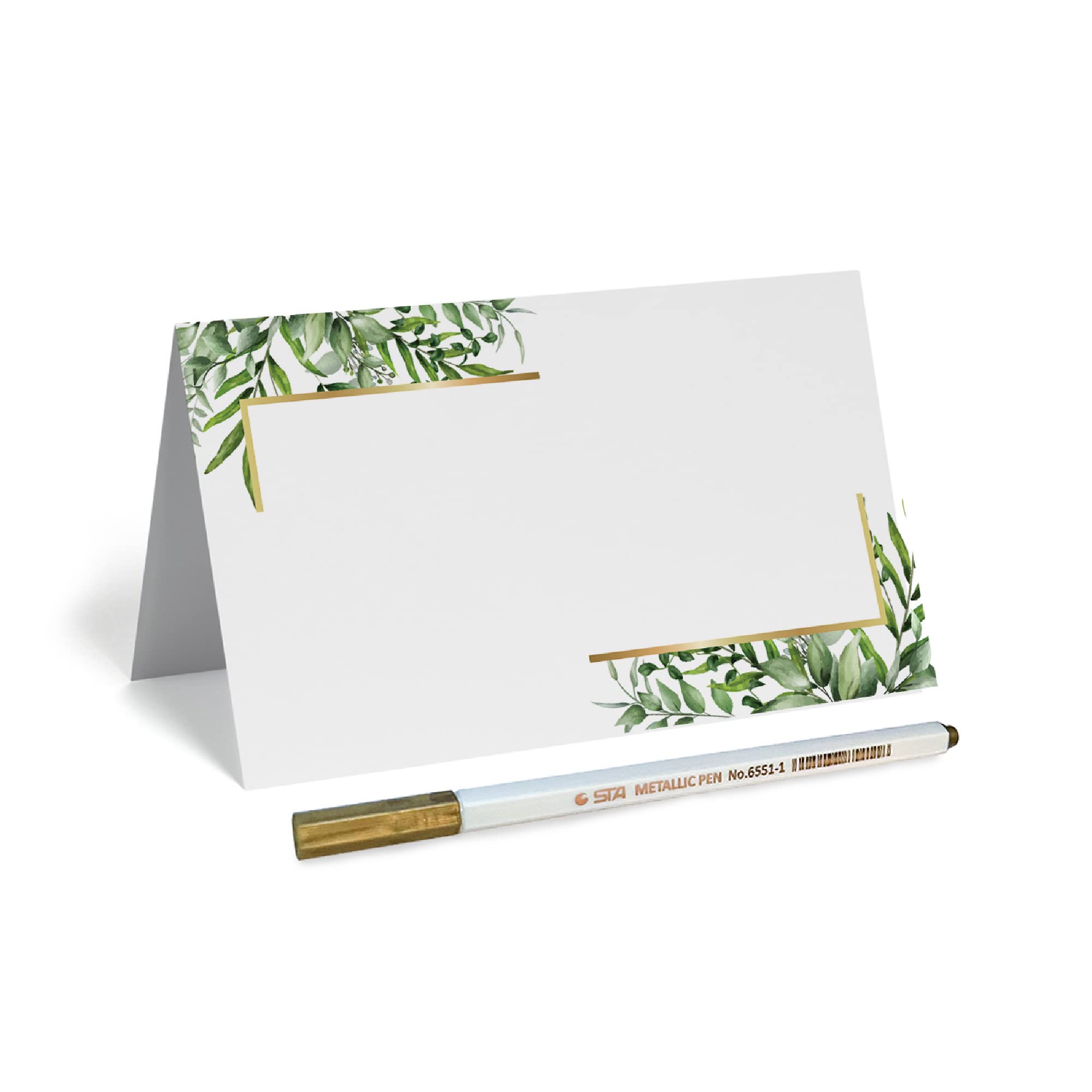 100 Pack Place Cards for Table Setting , Wedding Place Cards with Gold Marker , Offset Paper Tent Cards , Table Place Cards with Gold Border and Greenery , White Name Cards , Placecards, 2x3.5 inches,