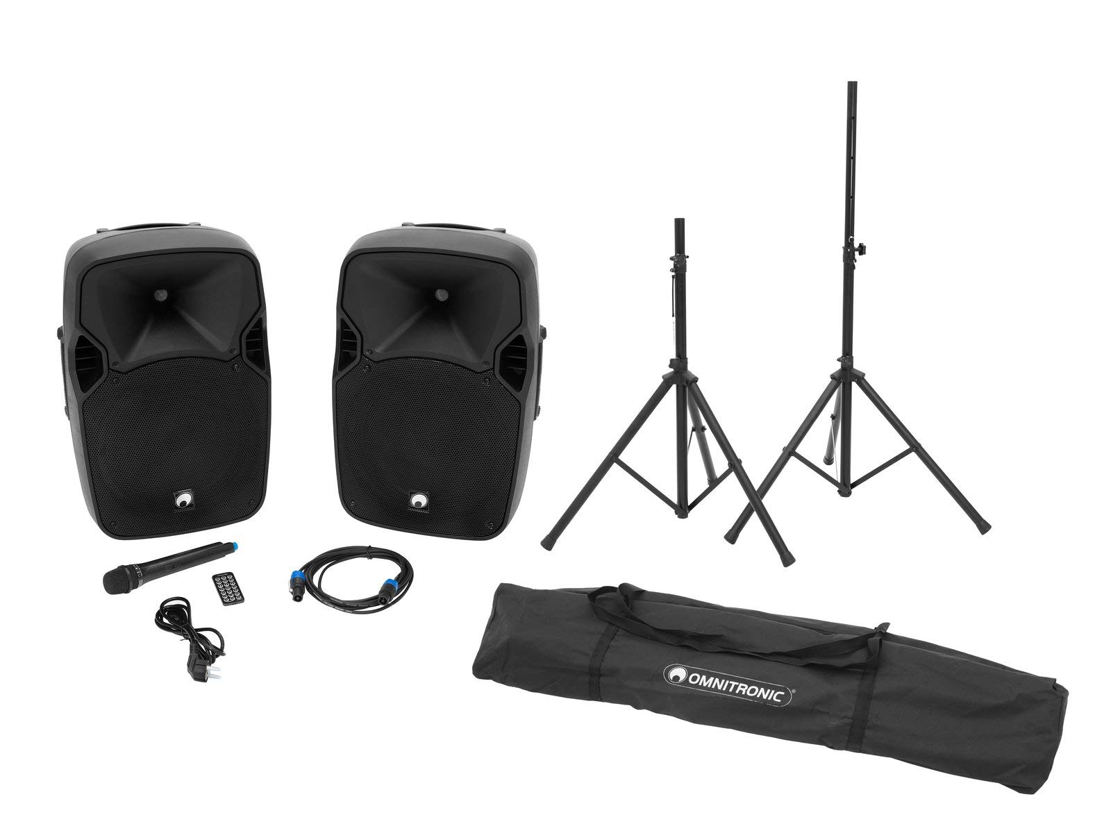 OMNITRONIC Set XFM-212AP Aktives Lautsprecherset mit MP3-Audioplayer, Bluetooth, SD, USB + Funkmikrofon, 150 W RMS | Bestehend aus einer Aktivbox, einer Passivbox und 2 Boxenhochständern