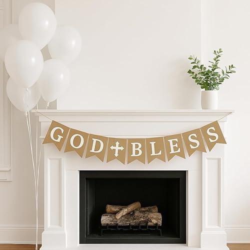 Miniatura 2 de Shimmer Anna Shine Cartel de arpillera "God Bless" Decoración cristiana rústica para baby shower, bautismo, bautismo y primera comunión (impresión