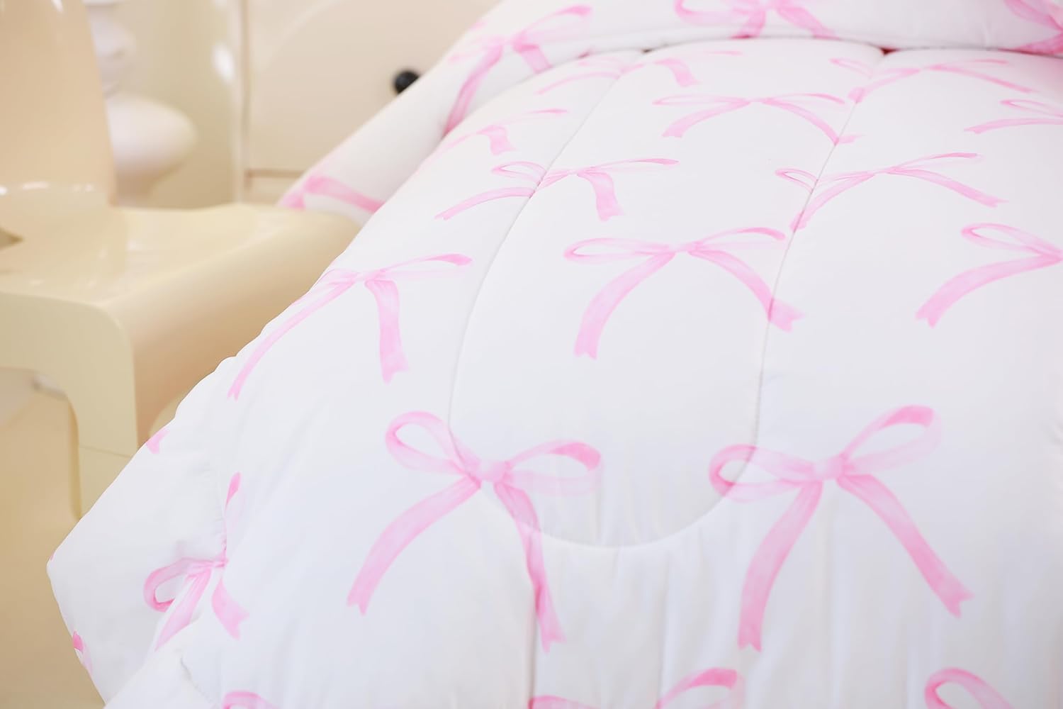 Cartoon Bowknot Kids Comforter Set King Size,Pink Bow Tie Butterfly Knot Princess Bedding Set,Girls Women Room Decor,Watercolor Bow Patchwork Down Comforter,Pink White Duvet Insert,2 Pillowcases