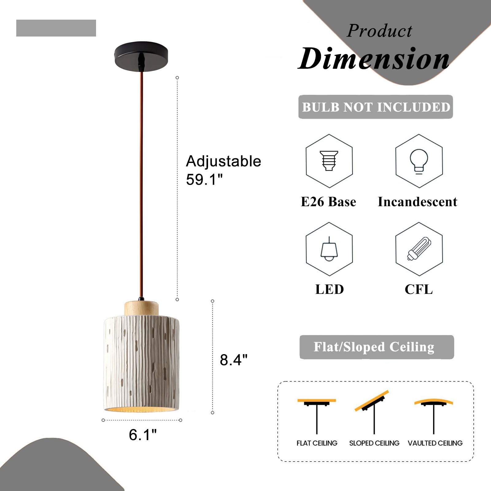 Lampada a sospensione cilindrica in cemento con base a soffitto in legno massello Cavo regolabile. a in for camera da letto, soggiorno, bar, cucina, isola, lampada a