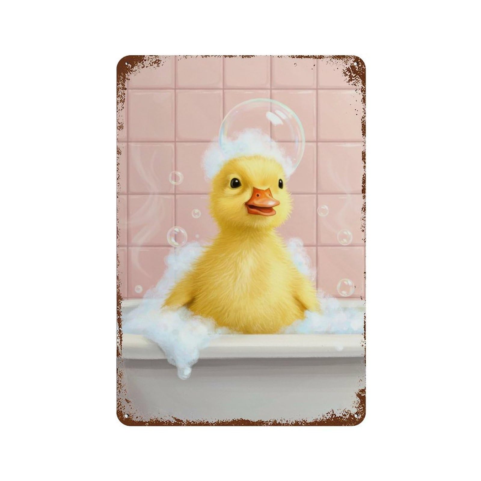 Duckling in Bathtub with Bubbles Rust Effect Tin Sign 11.8"x7.9", Vintage Wall Decor for Pub, Kitchen And Man Cave Decor