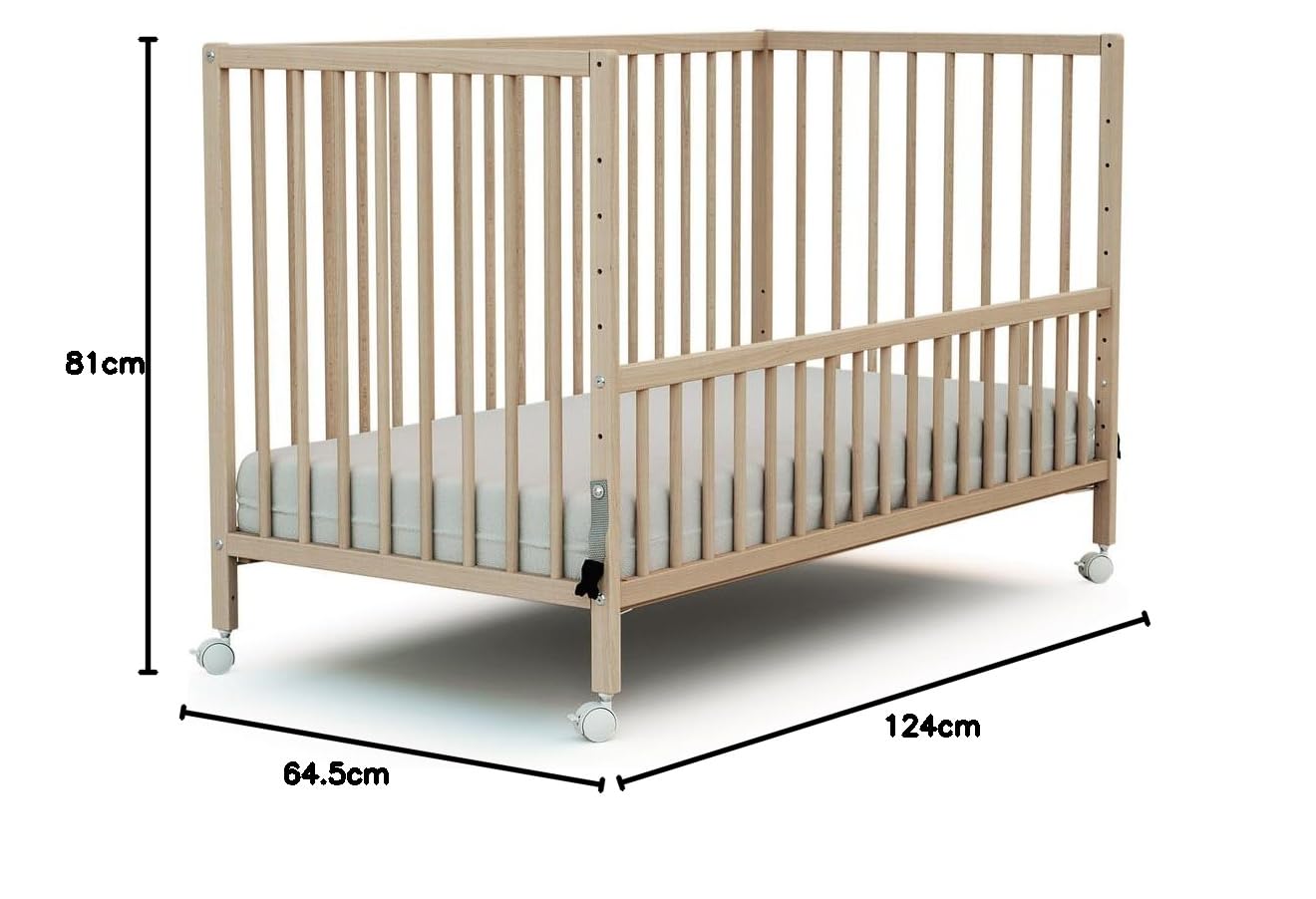 WEBABY - Cuna bebe colecho 60x120 madera con ruedas LIO - Haya Cruda - 124 x 64,50 x 81cm