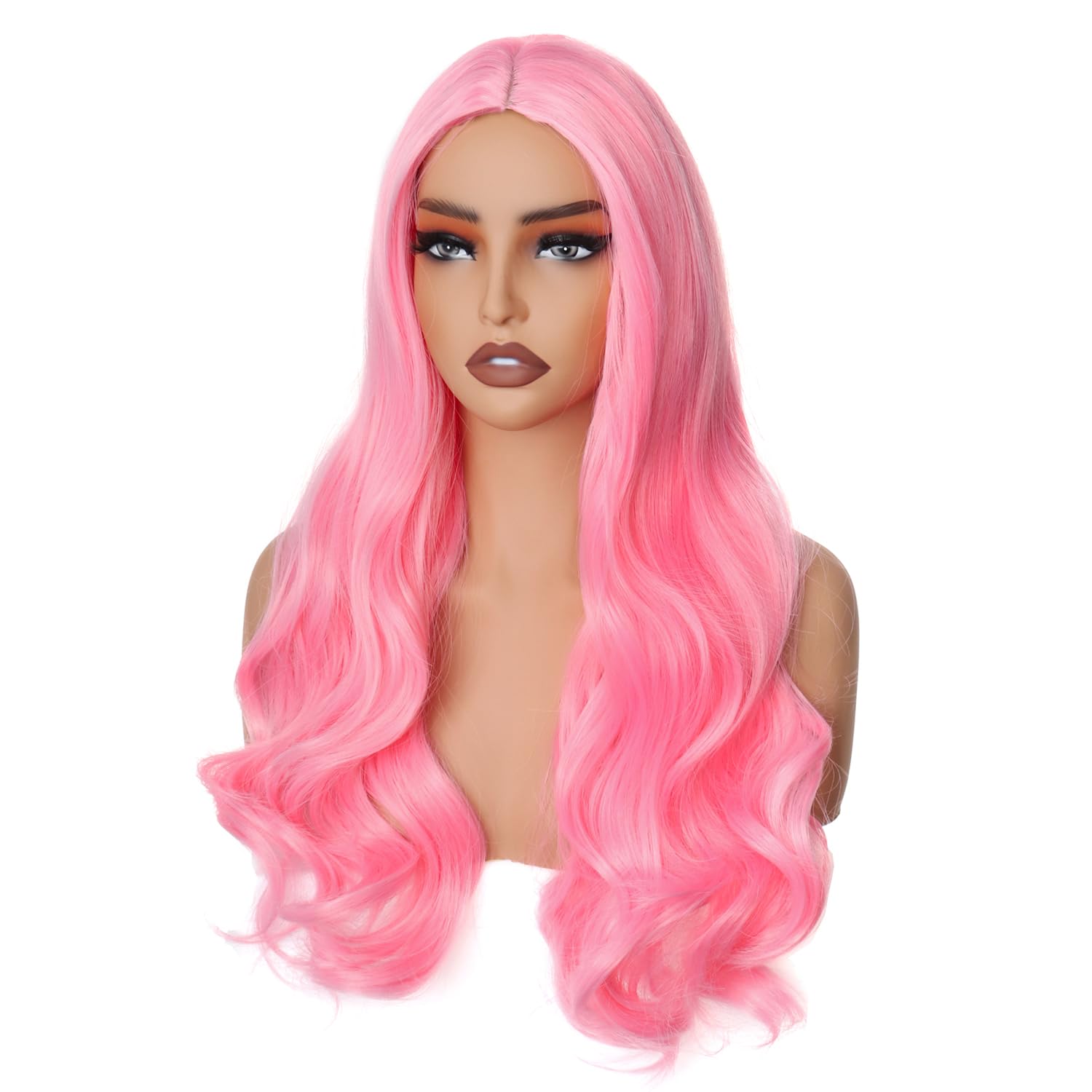 PORSMEER Wig Long PInk Curly Wavy Wigs for Women Ladies with Middle Part Cosplay Fancy Dress Wig Synthetic Heat Resistant Hair Wigs Long Replacement Hair (rosa) - Image 3