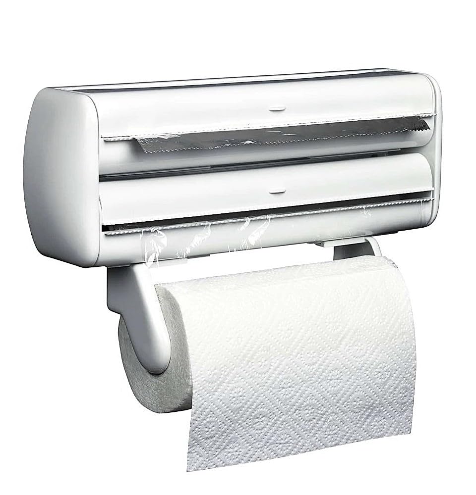 Dispensador de Rollos de Papel para la Cocina, Soporte de Pared para Film Transparente, Papel de Aluminio y Rollo de Cocina, con Cortador