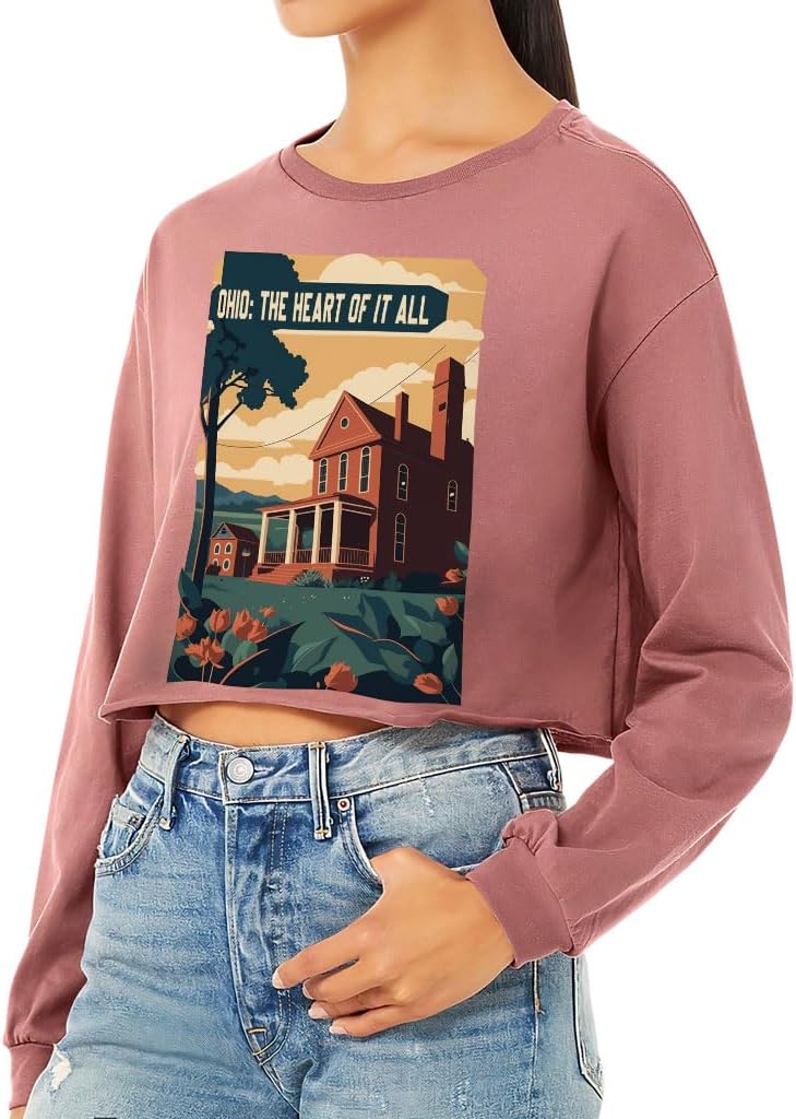 Ohio The Heart of It All Cropped Long Sleeve T-Shirt - American Women's T-Shirt - Cool Design Long Sleeve Tee